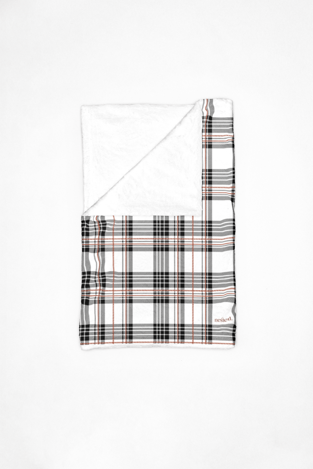 Soft velveteen plush blanket featuring a black, white, and red plaid pattern with a subtle modern texture.
